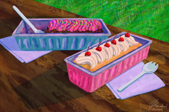 Left: Dark chocolate cake with raspberry ganache and rainbow sprinkles. Right: Tres leches cake with whipped vanilla frosting and maraschino cherries.