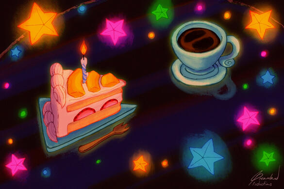 “Mango birthday cake &amp; coffee,” Ink and Procreate Software, January 2026.