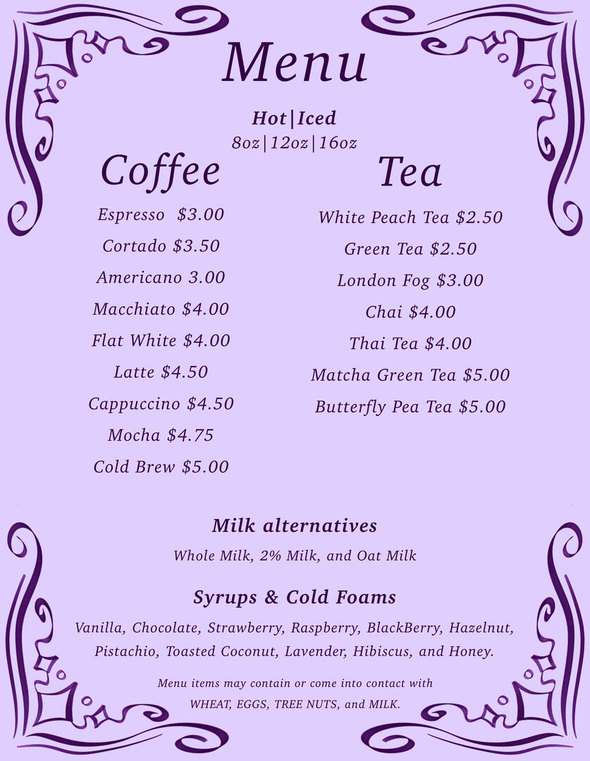 “Mock-Up Café Menu,” 8.5 x 11 In., Procreate Software, June 2026.