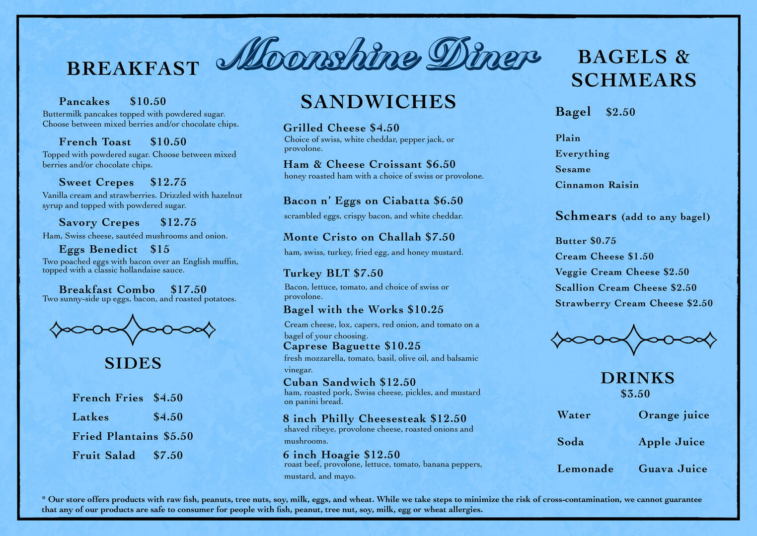 “Moonshine Diner Mock-Up Menu,” 12 x 8.5 In., Procreate Software, July 2026.