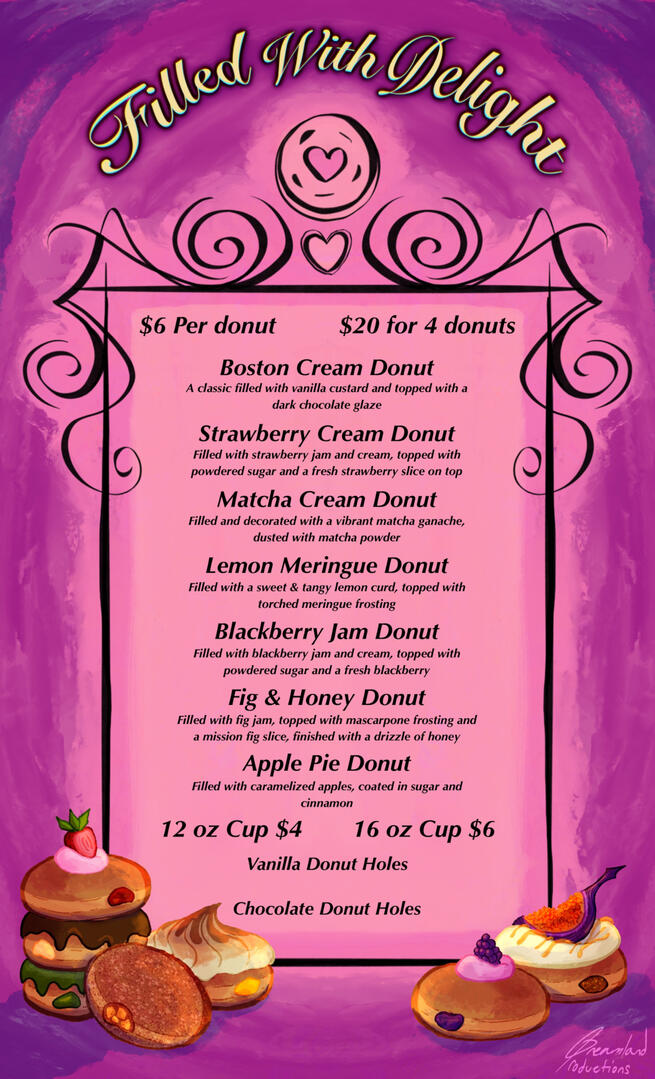 ”Filled With Delight, a mock-up menu for filled donuts.” 8.5 x 14 In., Ink and Procreate Software, April 2026.