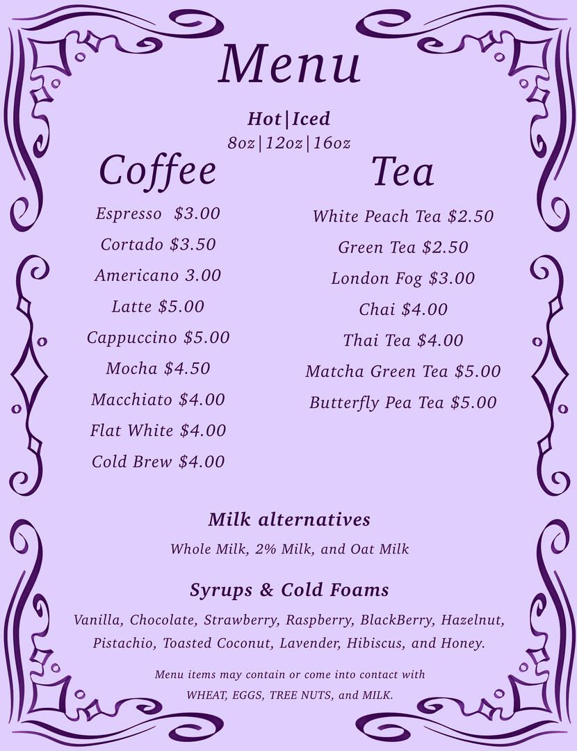 “Mock-Up Café Menu,” 8.5 x 11 In., Procreate Software, June 2026.