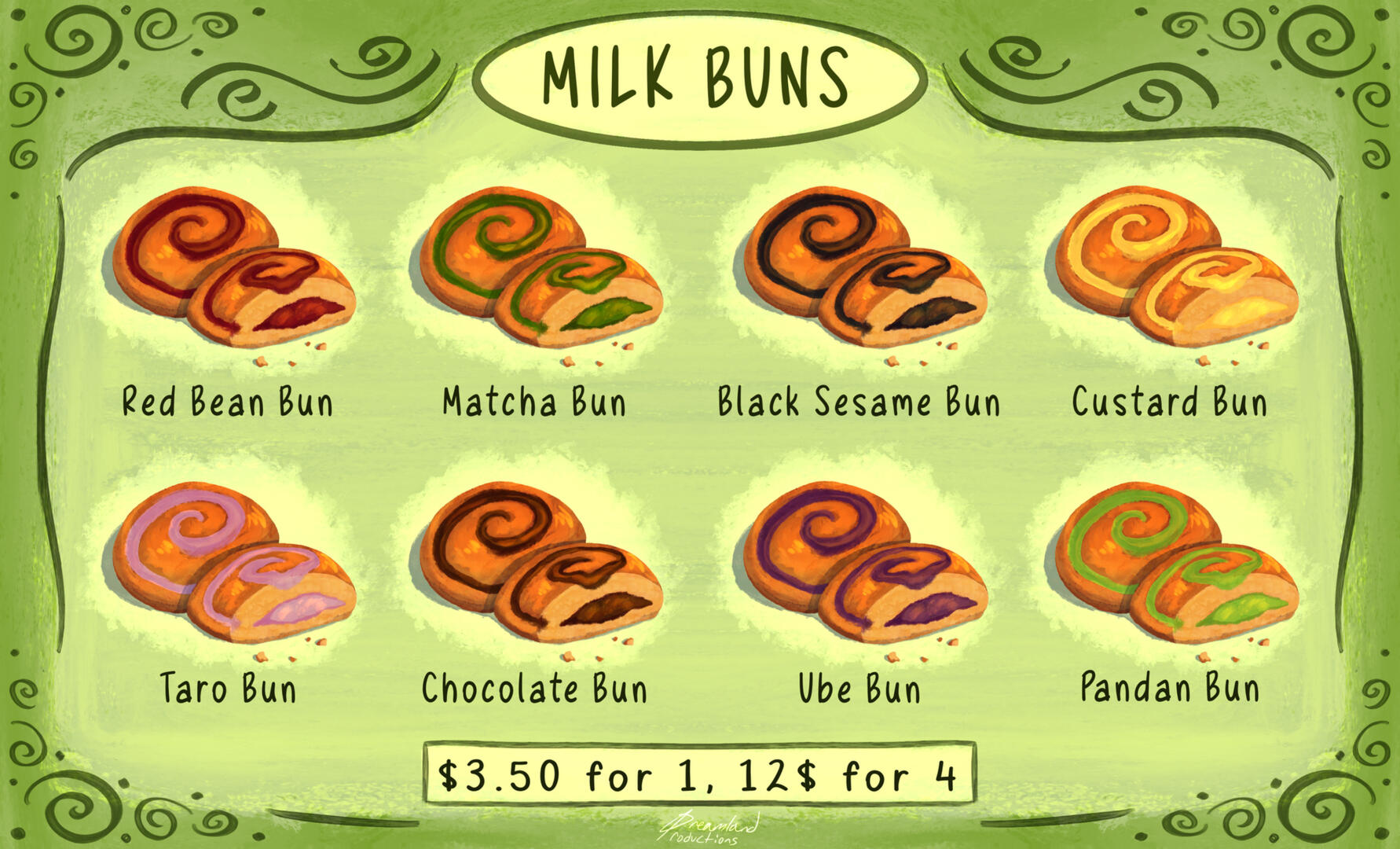 ”Milk bun menu with traditional Japanese and filipino flavors,” Procreate Software, 14 x 8.5 In, August 2026.